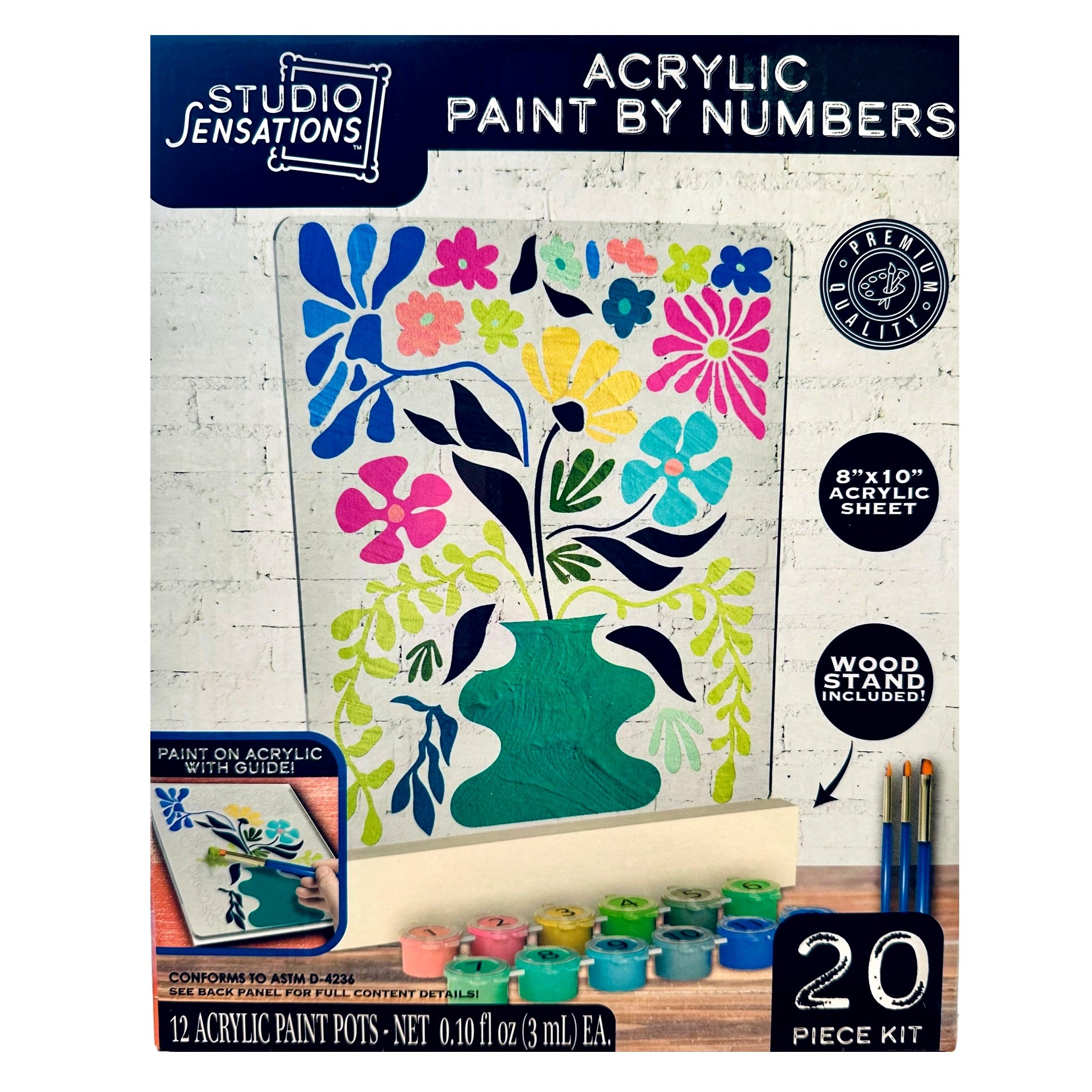 Paint-by-numbers kit featuring acrylic paints, brushes, an acrylic sheet, and a wood stand.